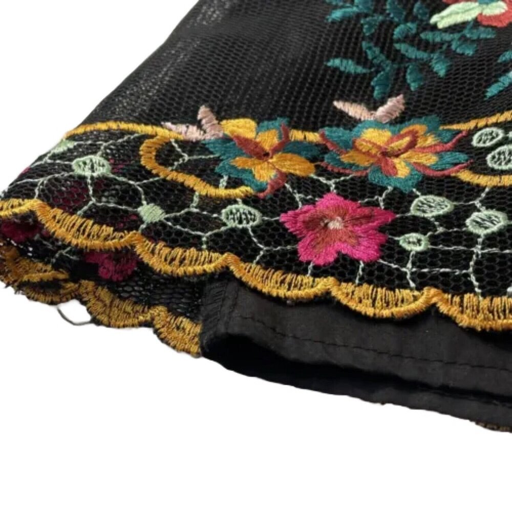 Top Shop Floral Embroidery Black Mini Skirt Mesh Layered Scalloped BOHO Size 2 - Picture 12 of 16